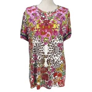 Johnny Was Wild Garden Puff Sleeve Multicolor Pink Red Floral Print Top Size XL